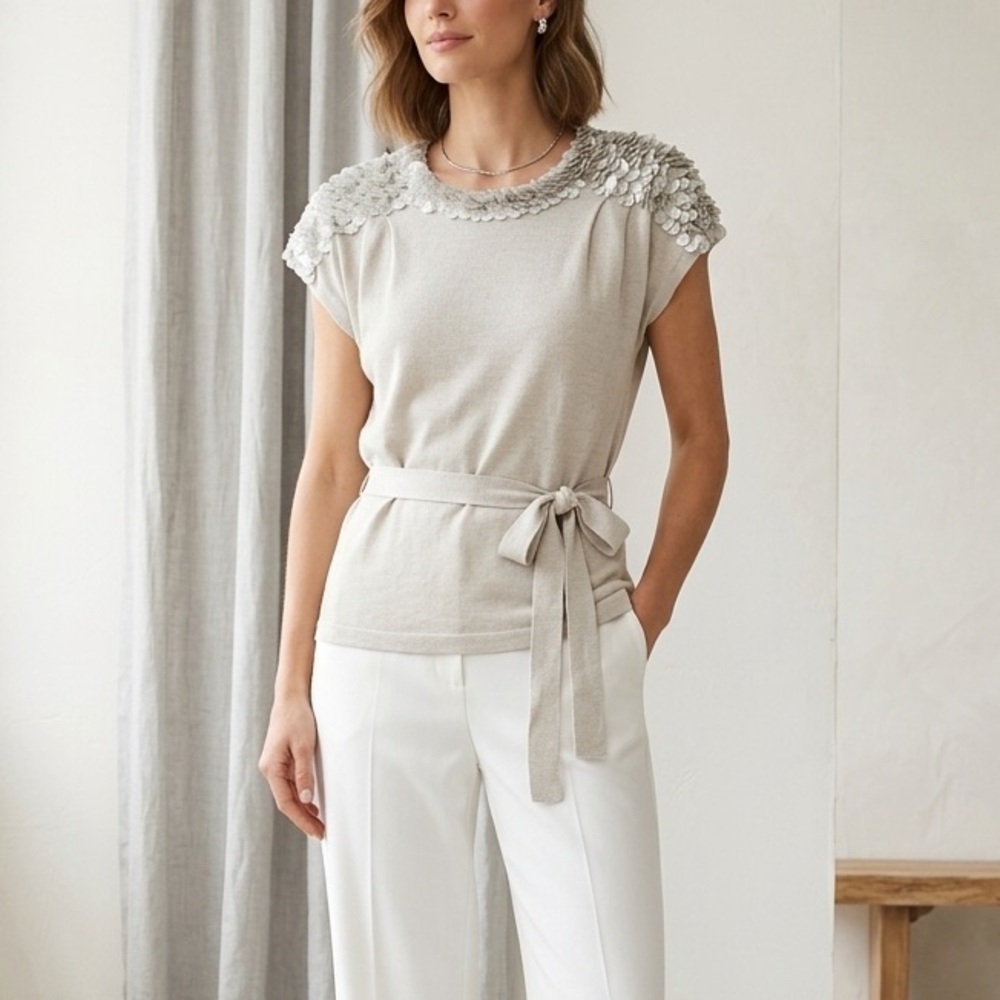 Boss Hugo Boss Size Large Grey Top Cap Sleeve Metallic Luxury Petal Embellish